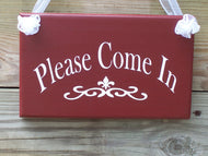 Please Come In Wood Vinyl Sign Alternative Open Welcome Invite Primitive Rustic Barn Red Ooak Business Office Supplies Decorative Door Hang - Heartfelt Giver