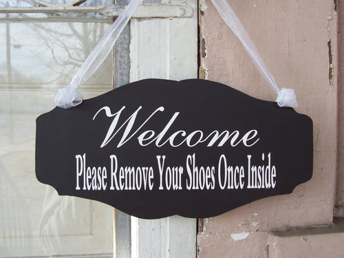 Welcome Please Remove Your Shoes Once Inside Scalloped Wood Vinyl Sign Unique Style Cut Design Porch Entry Door Hanger Home Decor Popular - Heartfelt Giver