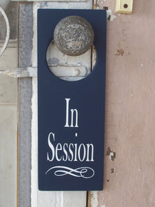 In Session Door Knob Hanger Wood Vinyl Sign Nautical Navy Blue Business Retail Shop Spa Salon Massage Therapy Private Please Wait Inform - Heartfelt Giver