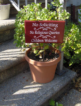 Load image into Gallery viewer, Signs No Soliciting Outdoor Sign No Religious Queries Children Welcome rustic red or black yard sign on a stake.  Let unwanted guests know you are not interested but welcome neighbors kid fundraising.  