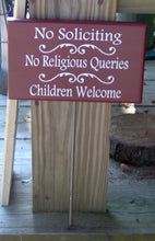 Load image into Gallery viewer, No Soliciting Outdoor Sign No Religious Queries Children Welcome Sign Red Wood Signs Vinyl Garden Stake Children Sign Parent Family Sign Art - Heartfelt Giver