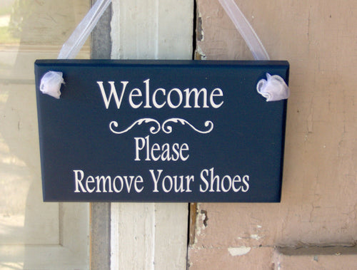 Welcome Please Remove Your Shoes Wood Vinyl Sign Nautical Navy Blue Home Decor Porch Entry Door Hanger Household Plaque Unique Gifts Friends - Heartfelt Giver