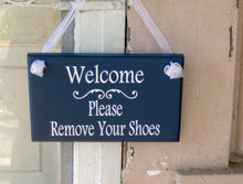 Load image into Gallery viewer, Welcome Please Remove Your Shoes Wood Vinyl Sign Nautical Navy Blue Home Decor Porch Entry Door Hanger Household Plaque Unique Gifts Friends - Heartfelt Giver