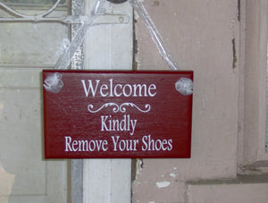 Welcome Kindly Remove Your Shoes Wood Vinyl Sign Farmhouse Rustic Red Style Home Decor Front Porch Signs Door Hanger Country Take Off Shoes - Heartfelt Giver