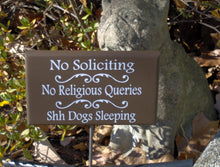 Load image into Gallery viewer, No Soliciting No Religious Queries Shh Dogs Sleeping Wood Vinyl Sign Stake Brown Front Yard Outdoor Do Not Disturb Sign Home Office Decor - Heartfelt Giver