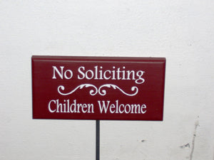 No Soliciting Children Welcome Wood Vinyl Yard Stake Sign Garden Sign Porch Home Girl Scouts Boy Kid Fundraiser Neighbor Country Red Sign - Heartfelt Giver