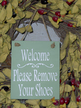 Load image into Gallery viewer, Welcome Please Remove Shoes Wood Vinyl Sign Baby Shower Gift Door Decor Take Off Shoes New Mom Infant Toddler Welcome Sign Entry Sign Green - Heartfelt Giver