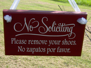 No Soliciting Sign Please Remove Shoes multi purpose bilingual signage for front door.  