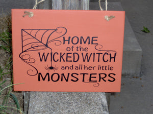Wicked Witch Her Little Monsters Wood Vinyl Halloween Sign With Spider and Web Design Front Door Decor Porch Wall Hanging Party Decorations - Heartfelt Giver
