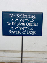 Load image into Gallery viewer, No Soliciting No Religious Queries Beware of Dogs Wood Vinyl Yard Stake Sign Navy Blue Security Yard Sign Entryway Modern Home Outdoor Decor - Heartfelt Giver