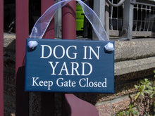 Load image into Gallery viewer, Dog In Yard Keep Gate Closed Wood Vinyl Sign Navy Blue K9 Beware Warning Pet Lover Sign Dogs On Premises Security Private Home Gate Sign - Heartfelt Giver