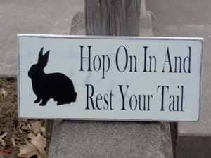 Rabbit Silhouette Hop On In And Rest Your Tail Wood Vinyl Sign - Distressed Cottage White Door Wall Hang Spring Summer Porch Home Decor Sign - Heartfelt Giver