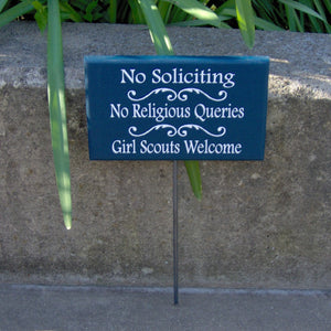 No Soliciting No Religious Queries Girl Scouts Welcome Sign Wood Vinyl Rod Stake Sign Plaque Nautical Navy Blue Boy Kid Garden Decoration - Heartfelt Giver