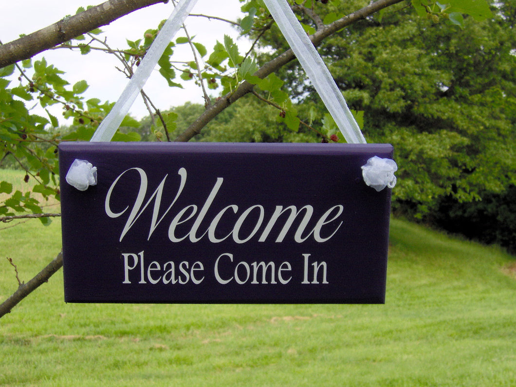 Welcome Please Come In Wood Vinyl Welcome Sign Home Business Sign Office Supply Purple Door Hanger Office Decor Custom Grand Opening Signs - Heartfelt Giver