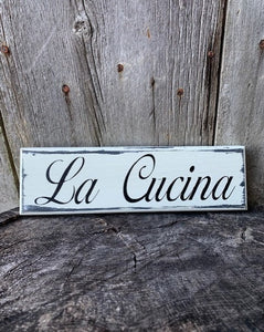 Italian kitchen sign 12" x 3.5" x .75" painted in distressed black and white
