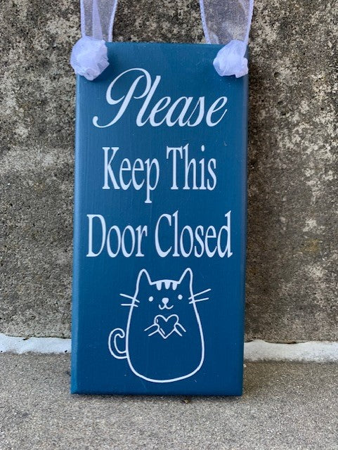 Cat Please Keep Door Closed Interior or Exterior Wood Door Sign in Navy Blue - Heartfelt Giver