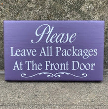 Load image into Gallery viewer, Wood directional package delivery sign with color options of purple, black, navy blue or brown.  As well as location options to fit your needs.  9 inches x 5.5 inches  