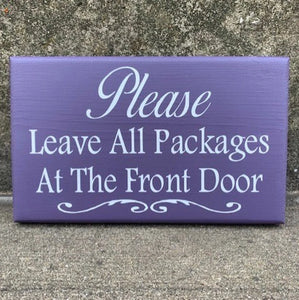 Wood directional package delivery sign with color options of purple, black, navy blue or brown.  As well as location options to fit your needs.  9 inches x 5.5 inches  