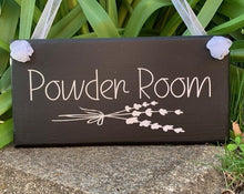 Load image into Gallery viewer, Powder Room sign with decorative lavender bouquet with bow.  Decorative signs for the interior of your home that provide direction to guest for special occasions and events.  