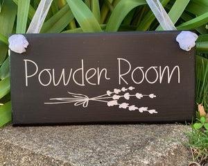 Powder Room sign with decorative lavender bouquet with bow.  Decorative signs for the interior of your home that provide direction to guest for special occasions and events.  
