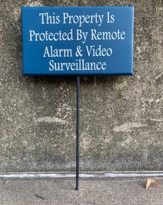 Property Surveillance Yard Stake Sign. Decorative navy blue sign or the yard 
