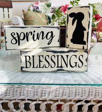Load image into Gallery viewer, Spring Blessings with Bunny Rabbit Silhouette Stacked Wood Block Table Signs - Heartfelt Giver