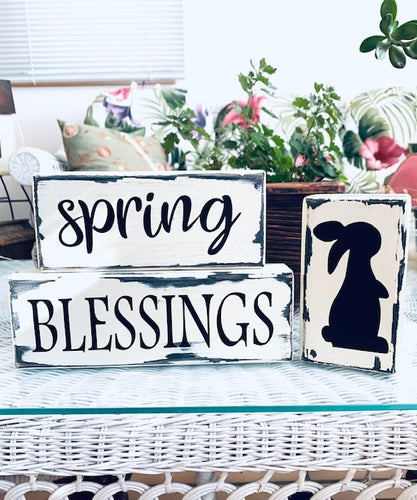 Spring Blessings with Bunny Rabbit Silhouette Stacked Wood Block Table Signs - Heartfelt Giver